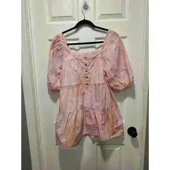 Maeve By Anthropologie Size Small Pink Orange Tunic Top PuffSleeve Tiered Cotton - Picture 2 of 9